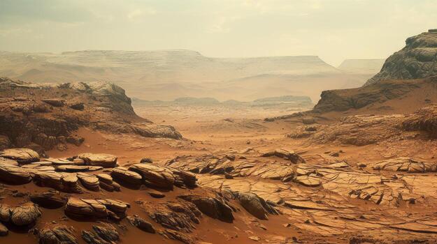 Barren desert with rocks and sand in the foreground. Generative AI photo