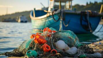 Littering in coastal town with discarded fishing gear. Generative AI photo