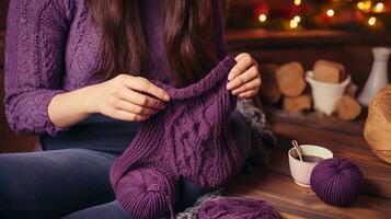 Hands knitting cozy winter socks. Generative AI photo