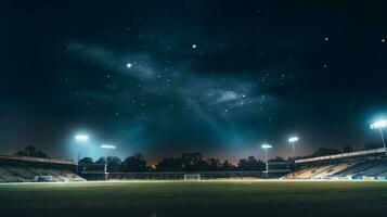 Illuminated soccer field at night. Generative AI photo