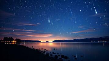 sereno noche cielo reflejando en el calma aguas generativo ai foto