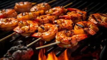 Skewered shrimp grilling, seafood delight capture. Generative AI photo