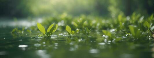 borroso imagen de natural antecedentes desde agua y plantas. ai generado foto