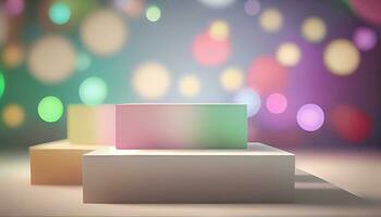 Generative AI, Product Display Stand on Soft Pastel Bokeh Background for Presenting and Showcasing Any Product with Style and Elegance photo