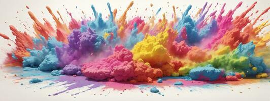 colorful rainbow holi paint color powder explosion isolated white wide panorama background. AI generated photo
