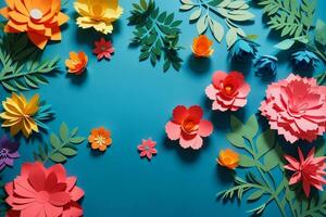 top view of colorful paper cut flowers with green leaves on blue background with copy space. AI generated photo
