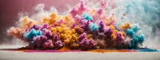 Abstract powder splatted background. Colorful powder explosion on white background. Colored cloud. Colorful dust explode. Paint Holi. AI generated photo