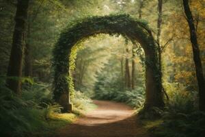 Natural archway shaped by branches in the forest. AI generated photo