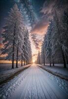 Road leading towards colorful sunrise between snow covered trees with epic milky way on the sky. AI generated photo