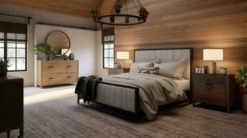 Generative AI, Rustic Modern Farmhouse Bedroom Design photo