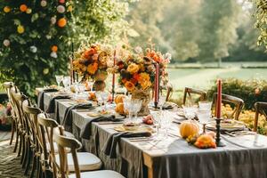 Autumn table scape, autumnal dinner table setting, holiday tablescape for wedding, birthday or party event celebration, generative ai photo