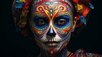 Festive Calavera Face Paint Dia de los Muertos, AI Generative photo