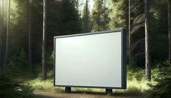 Generative AI, A Blank Billboard in the Serene Forest A Natural Advertising Opportunity for Your Product photo