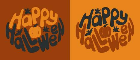 Groovy halloween lettering. Hand drawn flat slogan Happy Halloween in retro hippie style. Trendy print design for posters, cards, tshirt, social media graphics. Vintage composition in contrast colors vector