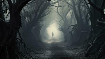 etéreo viaje fantasmal cifras en el brumoso bosque, ai generativo foto