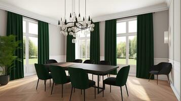 Timeless Elegance Dining Room with Table, Upholstered Chairs, and Chandelier, Generative AI photo