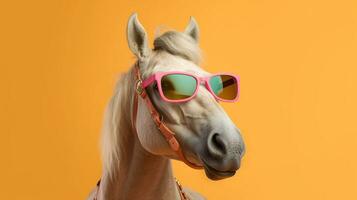 generativo ai, frio equino vibraciones un caballo deportivo elegante Gafas de sol en un pastel antecedentes foto