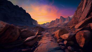Generative AI, Layers of Light A Vibrant Mountain Range at Sunset photo