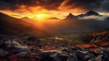 Generative AI, Aurora Peaks Majestic Sunrise over Mountain Ranges photo