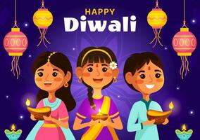 contento diwali hindú vector ilustración con indio rangoli y fuegos artificiales antecedentes para ligero festival de India en plano niños dibujos animados diseño