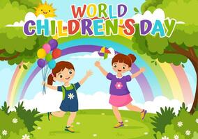 World Children's Day Vector Illustration on 20 November with Kids and Rainbow in Children Celebration Cartoon Bright Sky Blue Background Design