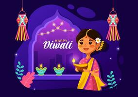 contento diwali hindú vector ilustración con indio rangoli y fuegos artificiales antecedentes para ligero festival de India en plano niños dibujos animados diseño