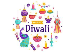 contento diwali hindú vector ilustración con indio rangoli y fuegos artificiales antecedentes para ligero festival de India en plano niños dibujos animados diseño