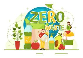 Zero Waste Vector Illustration of Eco Friendly with Recyclable and Reusable Products for Save the Planet and Go Green in Flat Cartoon Background