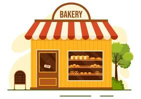 Bakery Store Vector Illustration with Various Types of Bread Products for Sale and Shop Interior in Flat Cartoon Background Design Template