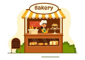 Bakery Store Vector Illustration with Various Types of Bread Products for Sale and Shop Interior in Flat Cartoon Background Design Template