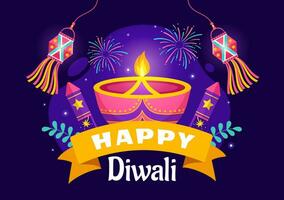 contento diwali hindú vector ilustración con indio rangoli y fuegos artificiales antecedentes para ligero festival de India en plano niños dibujos animados diseño