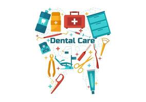 Dental Care Vector Illustration with Dentist Treating Human Teeth and Cleaning Using Medical Equipment in Healthcare Flat Cartoon Background Design