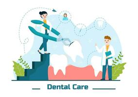 dental cuidado vector ilustración con dentista tratando humano dientes y limpieza utilizando médico equipo en cuidado de la salud plano dibujos animados antecedentes diseño