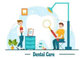 Dental Care Vector Illustration with Dentist Treating Human Teeth and Cleaning Using Medical Equipment in Healthcare Flat Cartoon Background Design