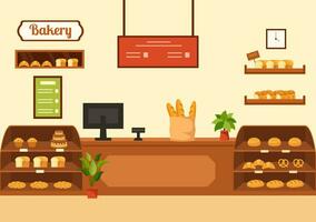 panadería Tienda vector ilustración con varios tipos de un pan productos para rebaja y tienda interior en plano dibujos animados antecedentes diseño modelo