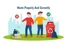 Waste Properly And Correctly Vector Illustration with Demonstration of Correct Garbage Sorting and Proper Disposal in Flat Cartoon Background Design