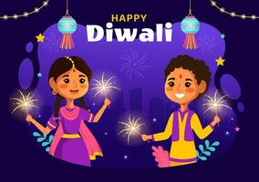 contento diwali hindú vector ilustración con indio rangoli y fuegos artificiales antecedentes para ligero festival de India en plano niños dibujos animados diseño