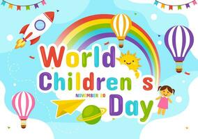 World Children's Day Vector Illustration on 20 November with Kids and Rainbow in Children Celebration Cartoon Bright Sky Blue Background Design