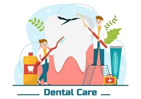 Dental Care Vector Illustration with Dentist Treating Human Teeth and Cleaning Using Medical Equipment in Healthcare Flat Cartoon Background Design