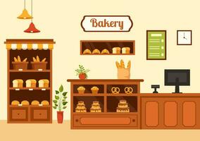 panadería Tienda vector ilustración con varios tipos de un pan productos para rebaja y tienda interior en plano dibujos animados antecedentes diseño modelo