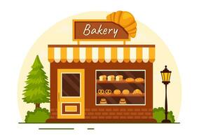 Bakery Store Vector Illustration with Various Types of Bread Products for Sale and Shop Interior in Flat Cartoon Background Design Template