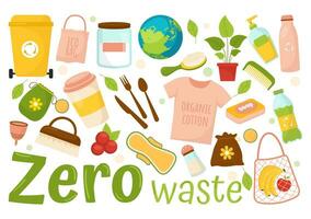 Zero Waste Vector Illustration of Eco Friendly with Recyclable and Reusable Products for Save the Planet and Go Green in Flat Cartoon Background