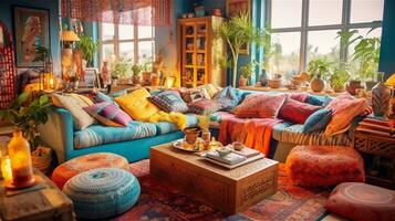 Generative AI, Bohemian Oasis A Colorful and Eclectic Living Room photo