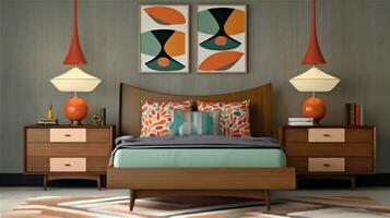 Generative AI, Mid-Century Modern Bedroom Design photo