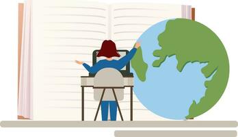 Online education concept. Girl with book points to globe. Geography lesson. Training and learning. Vector illustration of e learning concept with  global education school