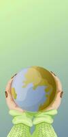 A huge hand holding the earth. Vector illustration of concept icons about environmental protection and nature conservation. Template with space for text. copy space. card, print, banner.