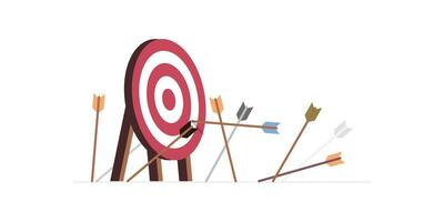 Multiple arrow missed hitting target mark and fail archery goal inaccurate to purpose concept on background flat vector illustration.