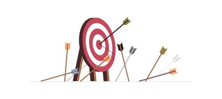 Cartoon arrows missed hitting target mark and multiple fail inaccurate attempt hit archery goal concept on background flat vector illustration.