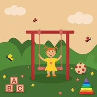 a little girl is playing on a swing in the park vector