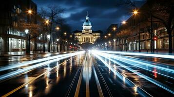 Urban Symphony Mesmerizing Light Trails at Night, Generative AI photo